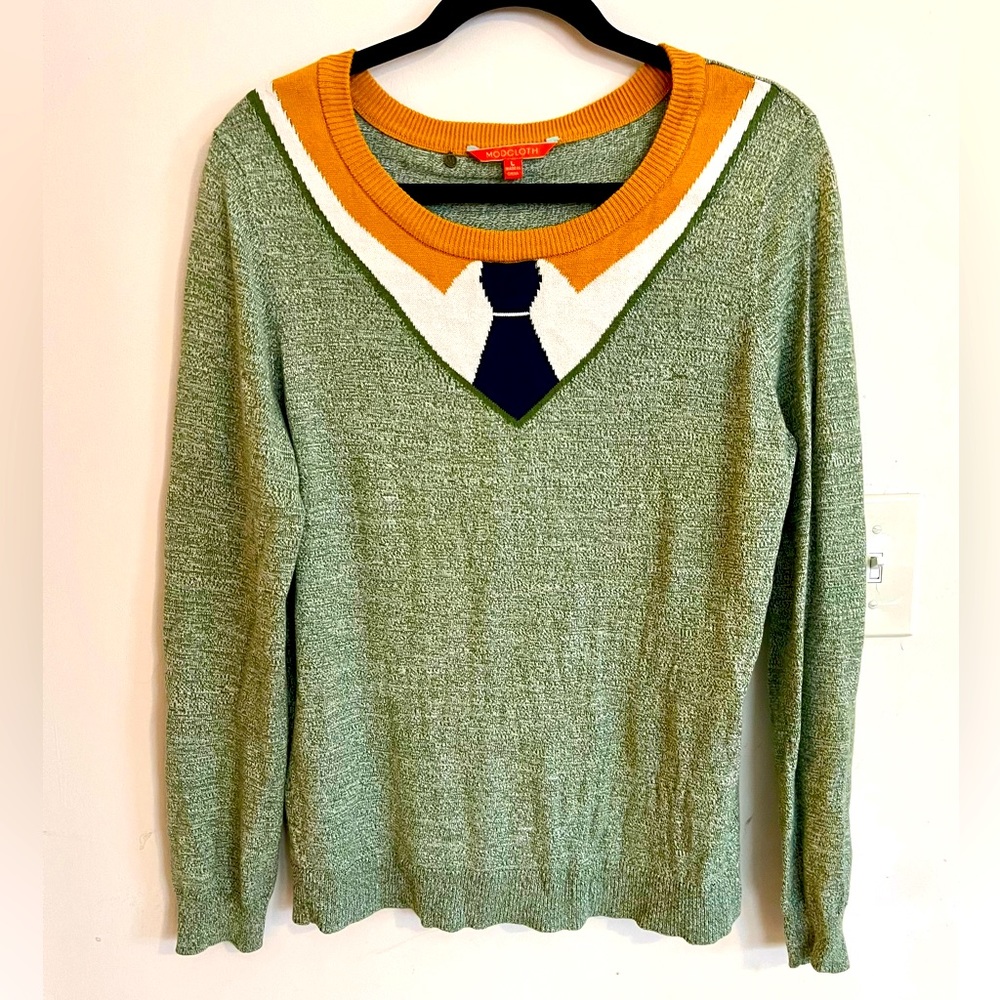 ModCloth Knit Sweater with Shirt and Tie Print Detail Size Large